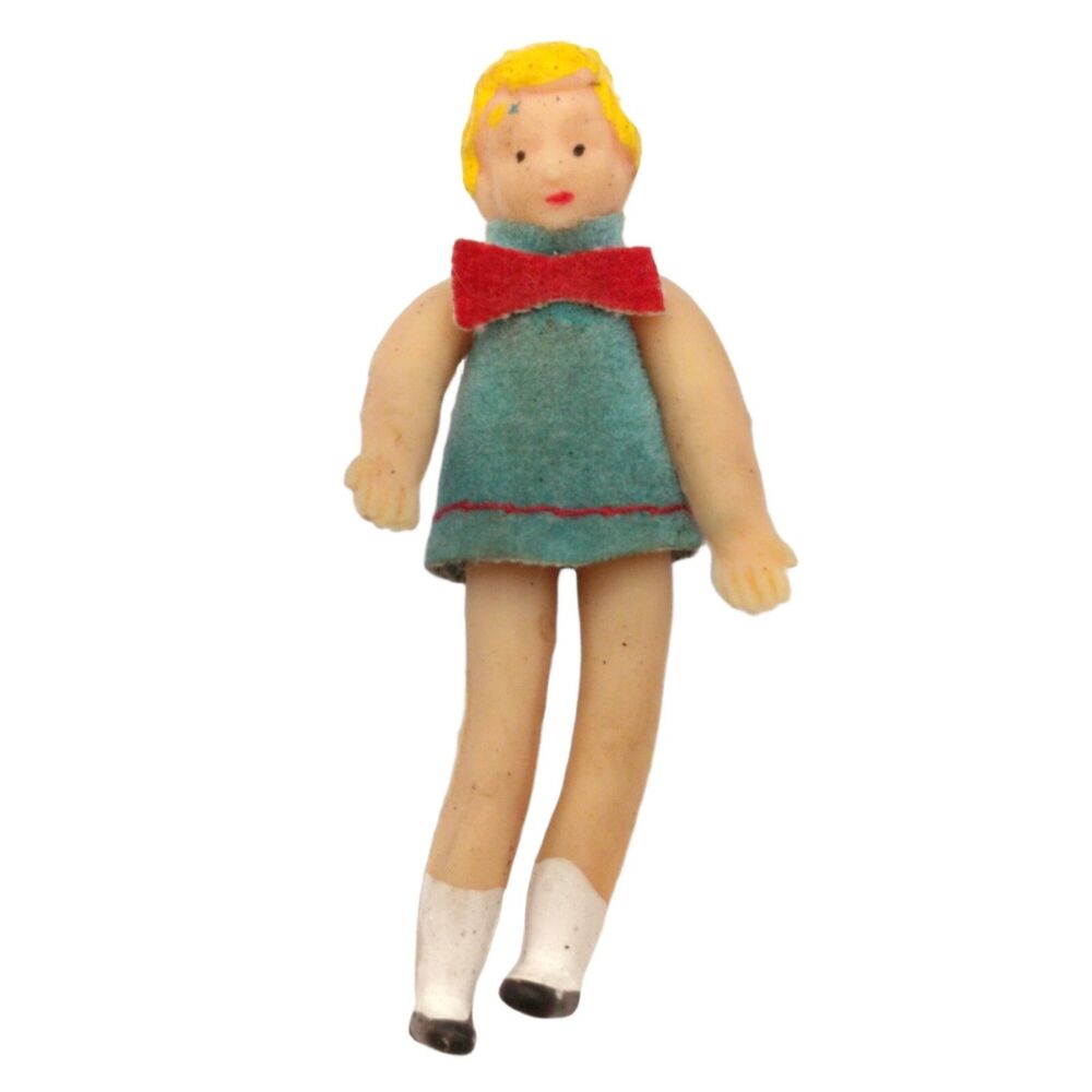 Girl Miniature Doll House Figure Blonde Teal Dress Vintage Toy Collectible Cute